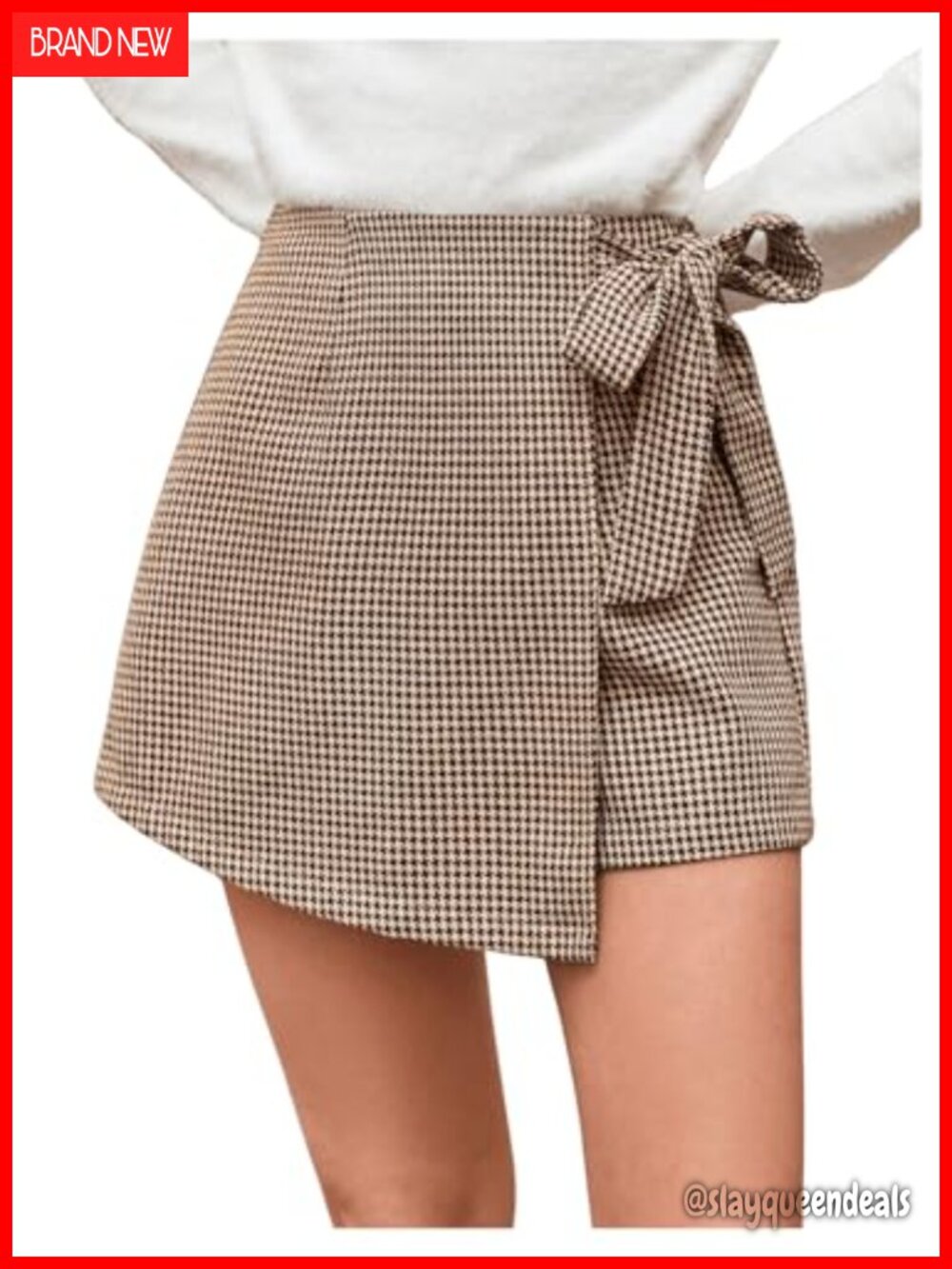 Women's Houndstooth Wrap Skort High Waisted Tie Asymmetrical Hem Dressy